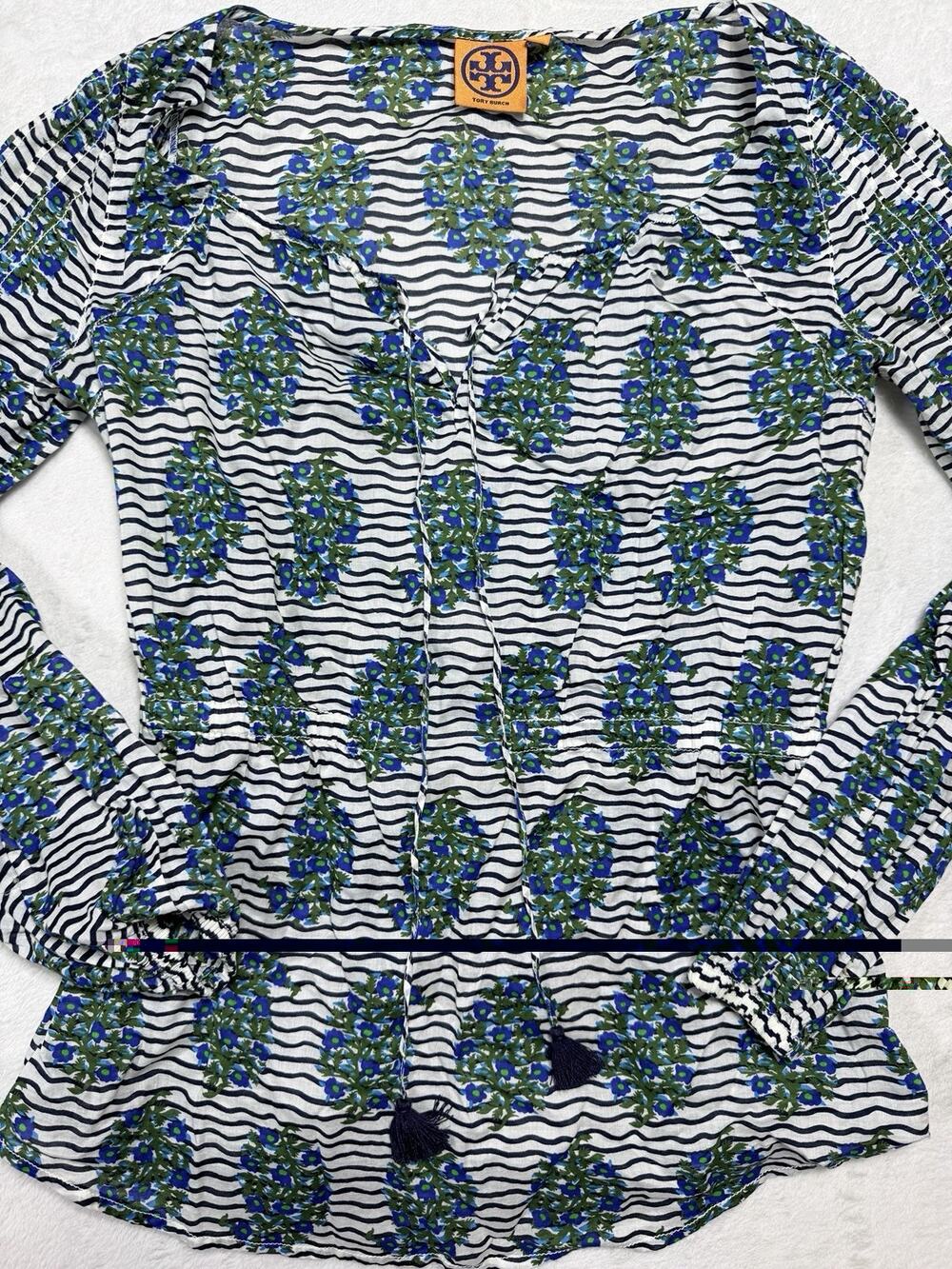 Tory Burch Paisley Stripe Cotton Blouse Tassel Tunic V-Neck Top Size 2 Women